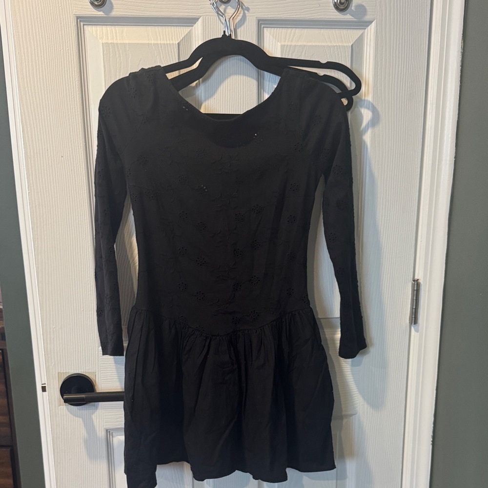 Free People Black Long-Sleeve Eyelet Knit Dress